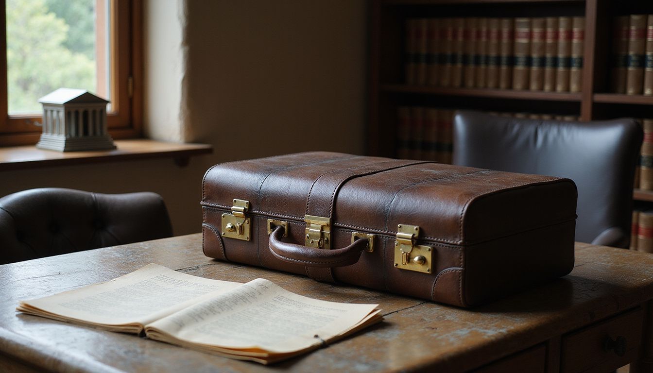 A vintage leather briefcase on a rustic desk in a law office. A vintage leather briefcase on a rustic desk in a law office.