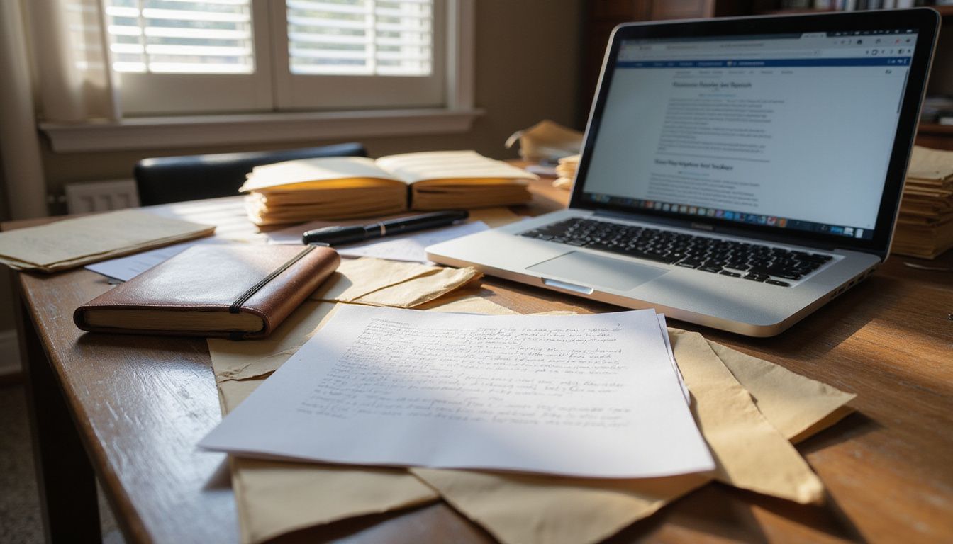 A cluttered office desk filled with legal documents and a laptop. A cluttered office desk filled with legal documents and a laptop.