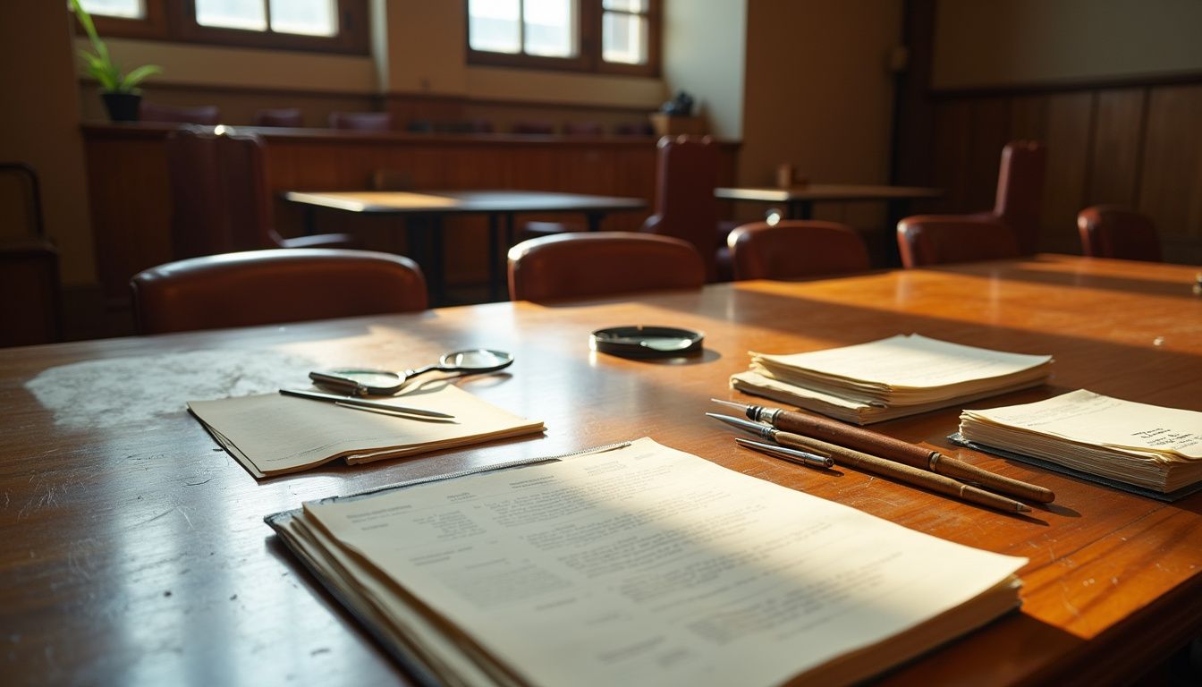 An empty courtroom with scattered legal documents and forensic tools. An empty courtroom with scattered legal documents and forensic tools.