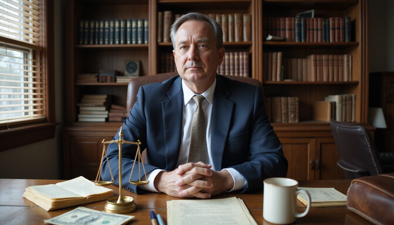 A focused lawyer amidst a cluttered, worn office environment. A focused lawyer amidst a cluttered, worn office environment.