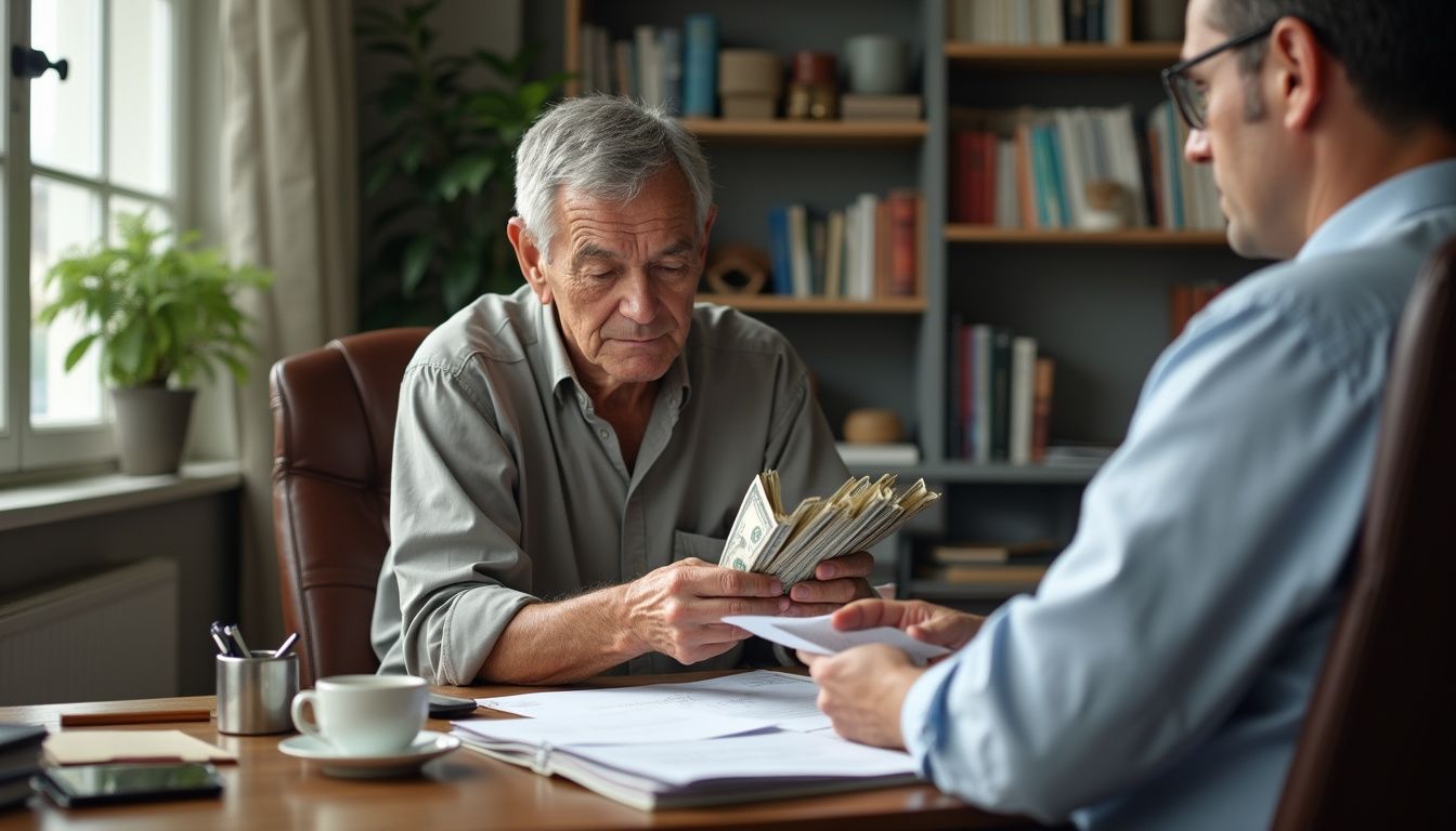 An elderly man hands bills to a focused middle-aged lawyer. An elderly man hands bills to a focused middle-aged lawyer.
