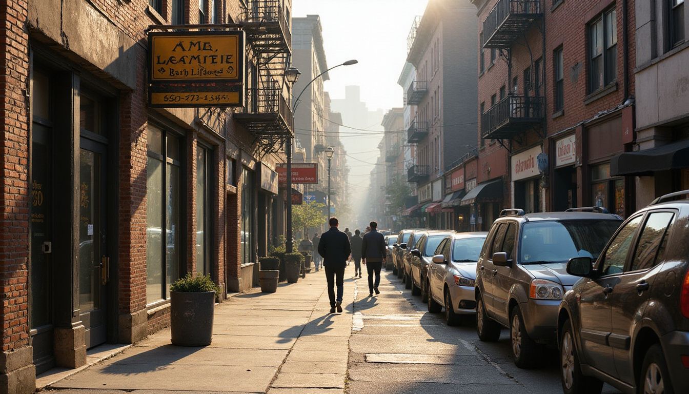 Urban street lined with diverse law offices and busy pedestrians. Urban street lined with diverse law offices and busy pedestrians.