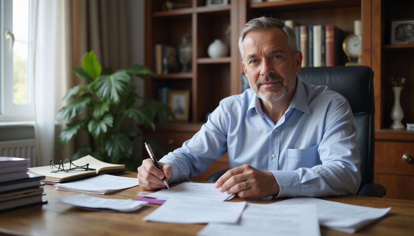A focused middle-aged man works at a cluttered wooden desk. A focused middle-aged man works at a cluttered wooden desk.