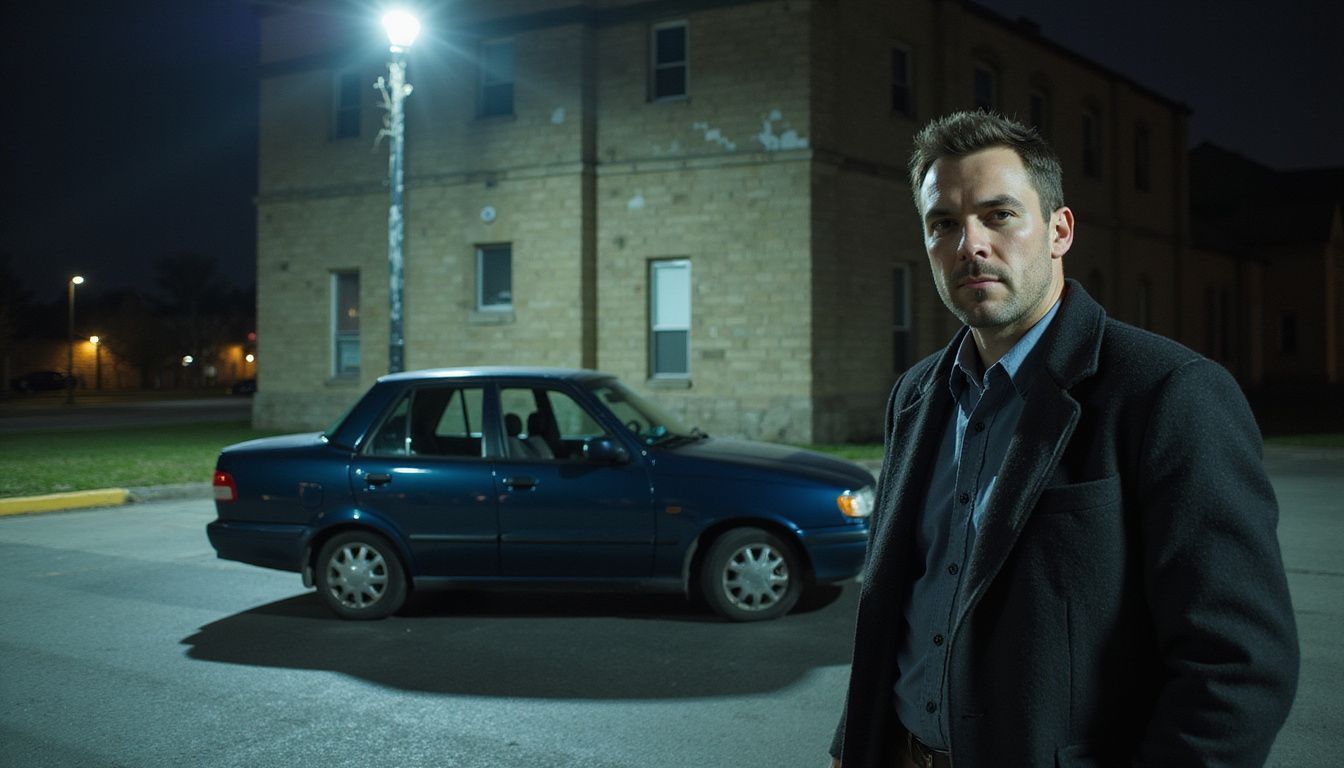 A man stands tense by his car in a quiet courthouse lot.