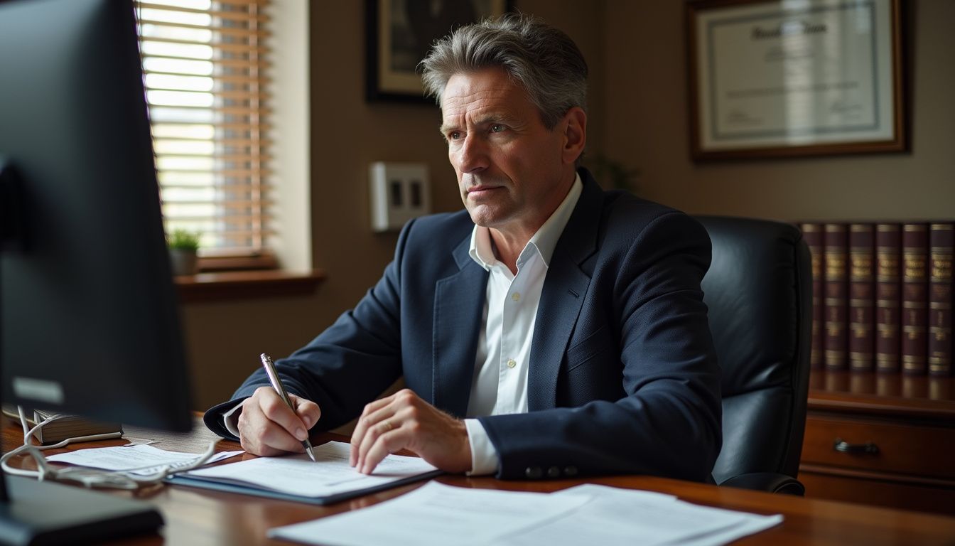 A focused middle-aged lawyer works at a polished oak desk.