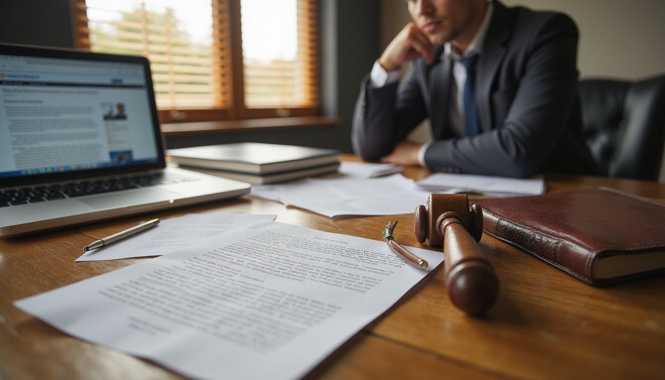A focused office desk scene with legal documents and a gavel.