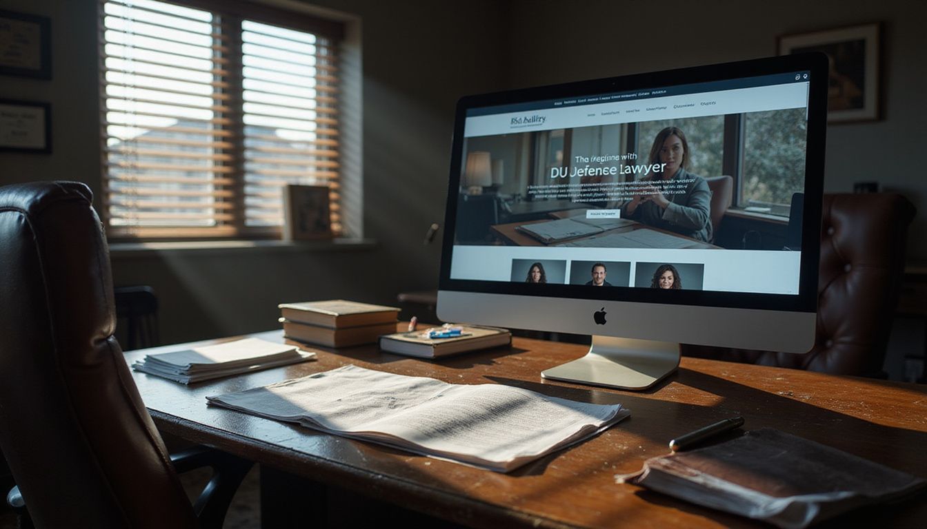 Cluttered office with legal documents and a glowing monitor.
