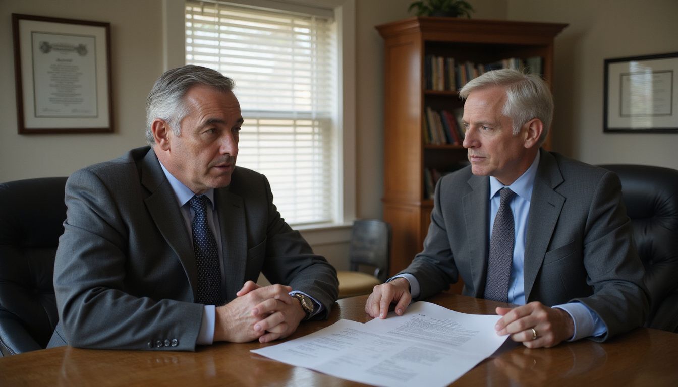 A man meets with a lawyer for a serious discussion.