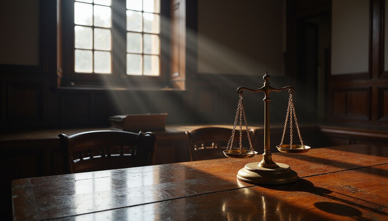 A solemn courtroom scene featuring a brass scale of justice.