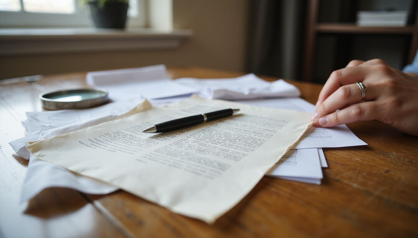 A cluttered desk with casework materials and focused hands.